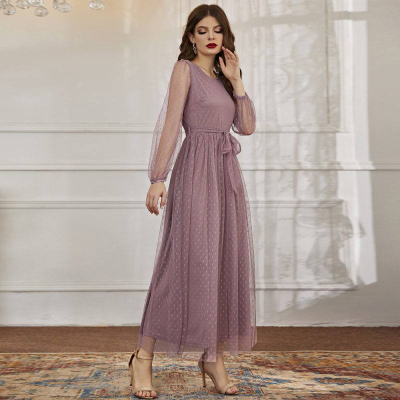 Gauze Round Collar Slim Fit Maxi Dress