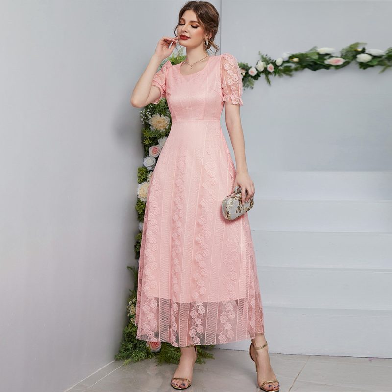 Embroidered Mesh Maxi Dress: Elegant Puff Sleeve - Image 3