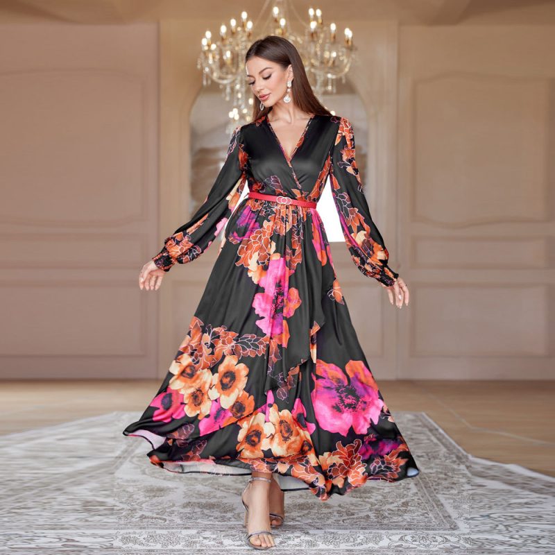 Fall V-neck French High Waist Swing Dress with Belt - Image 3