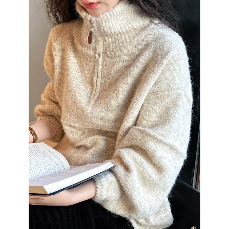 Lazy Loose Pink Zip Sweater | Half Turtleneck, Thickened - Image 2
