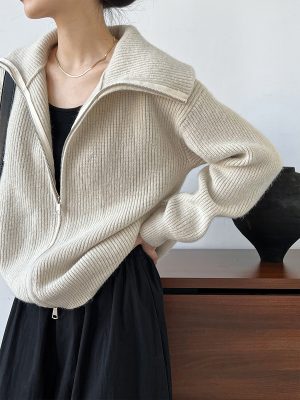 Lazy Double Zip Knit Cardigan | Collared Stand Collar