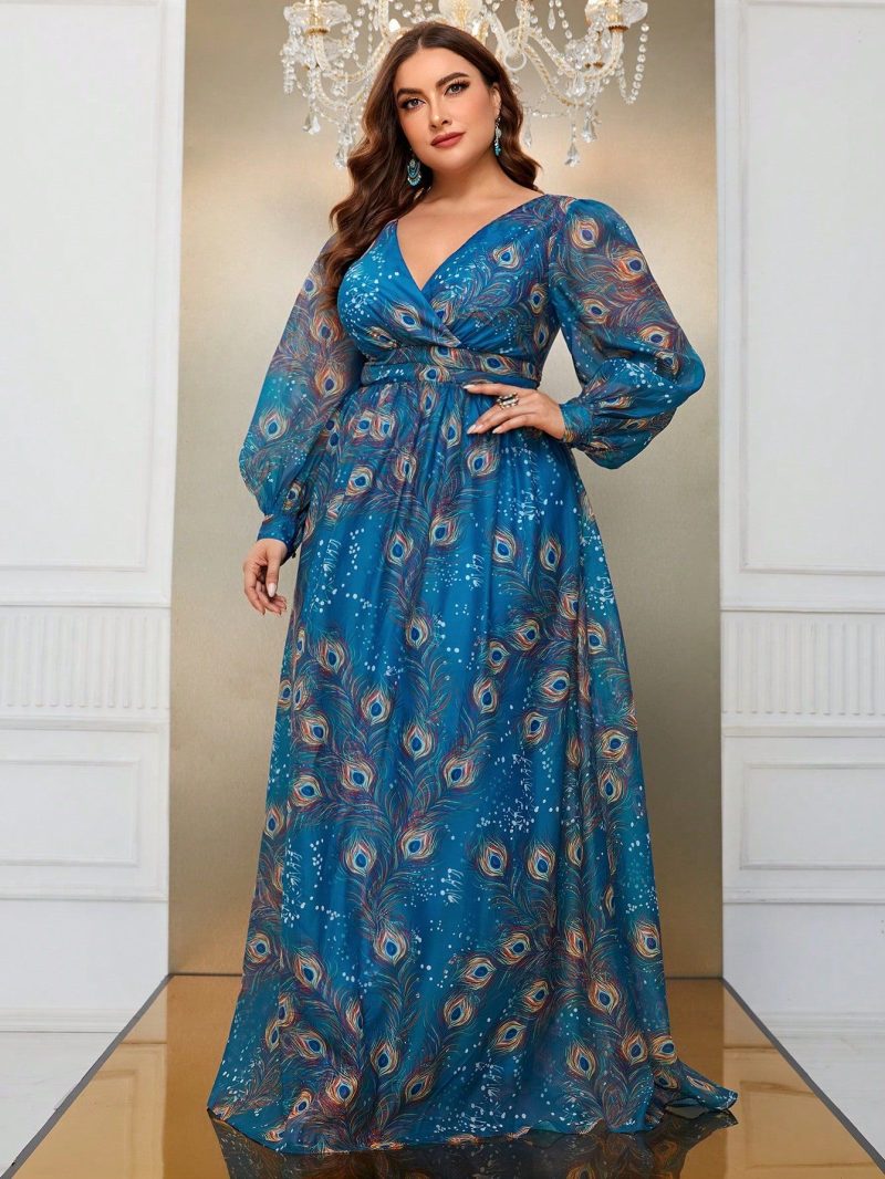 Peacock Feather Printed Maxi Dress - Image 5