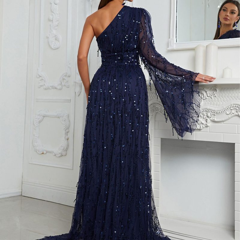 One-Sleeve Sequin Slit Dress - Image 2