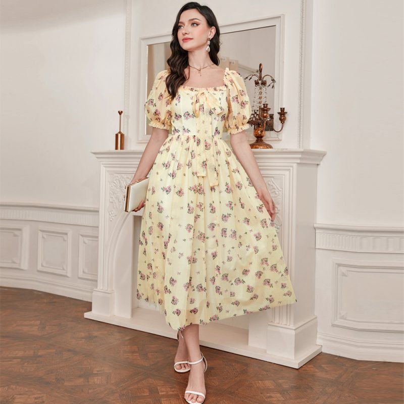Mesh Square Collar Puff Sleeve Dress: Elegant High Waist - Image 4
