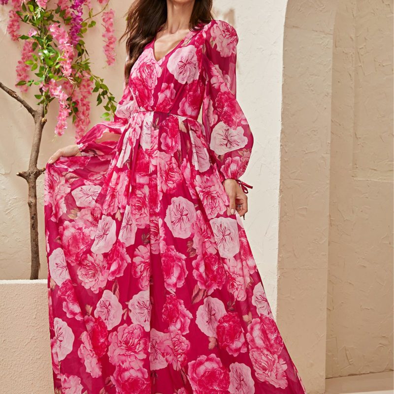 Printed Chiffon V-Neck Puff Sleeve Dress - Image 2