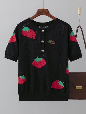 Strawberry Jacquard Cutout Knit Top