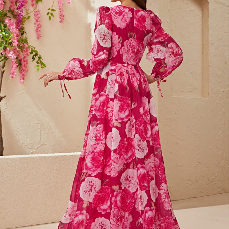 Printed Chiffon V-Neck Puff Sleeve Dress - Image 4