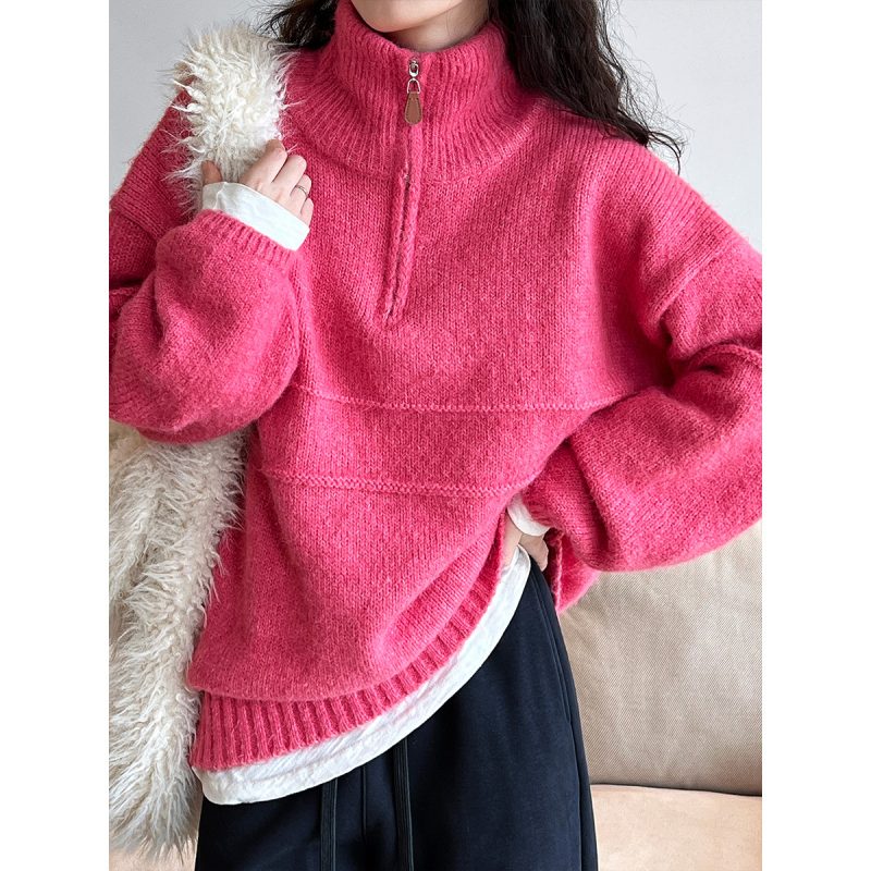 Lazy Loose Pink Zip Sweater | Half Turtleneck, Thickened
