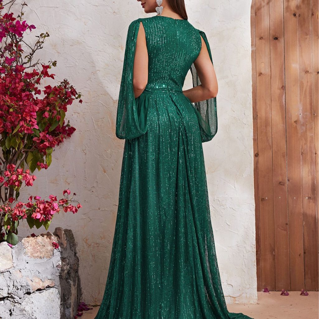 Sequin V-Neck Shawl Sleeve Maxi Dress - Image 2