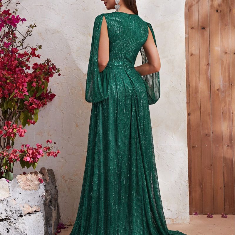 Sequin V-Neck Shawl Sleeve Maxi Dress - Image 2
