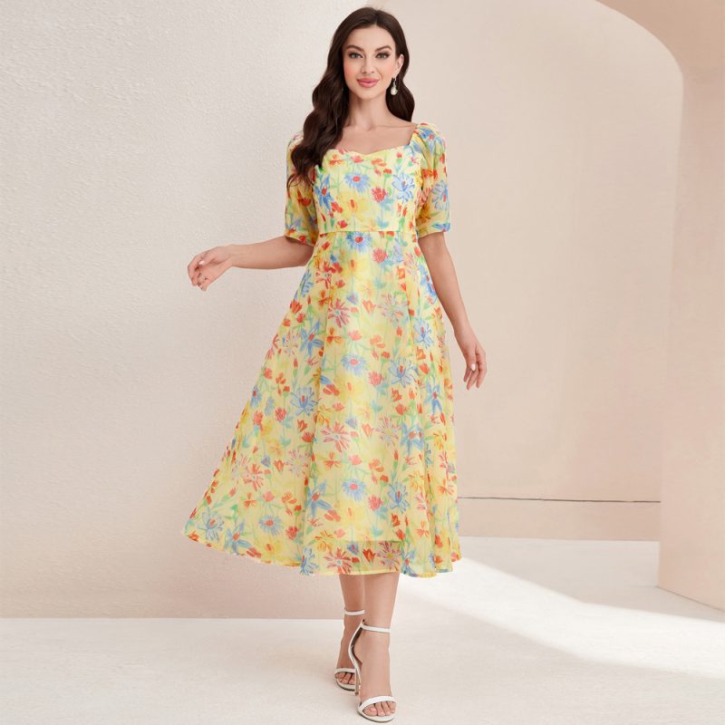 French Elegant Square Collar High Waist Summer Dress - Image 3