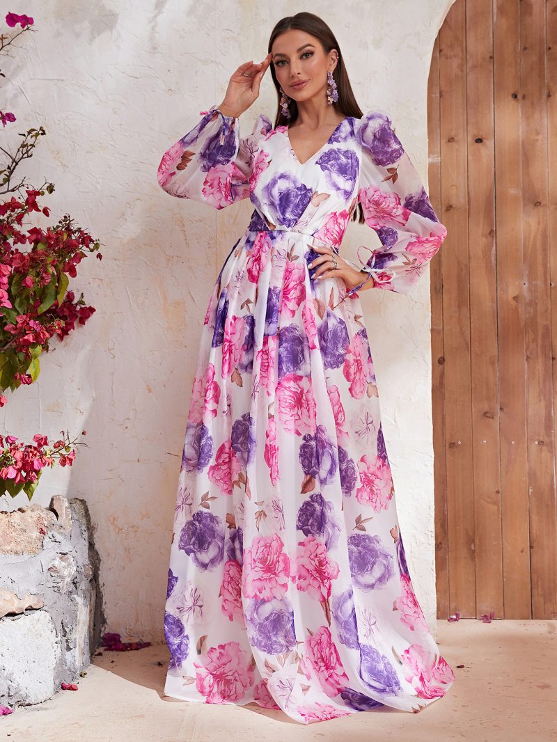 Printed Chiffon V-Neck Long Sleeve Dress - Image 5