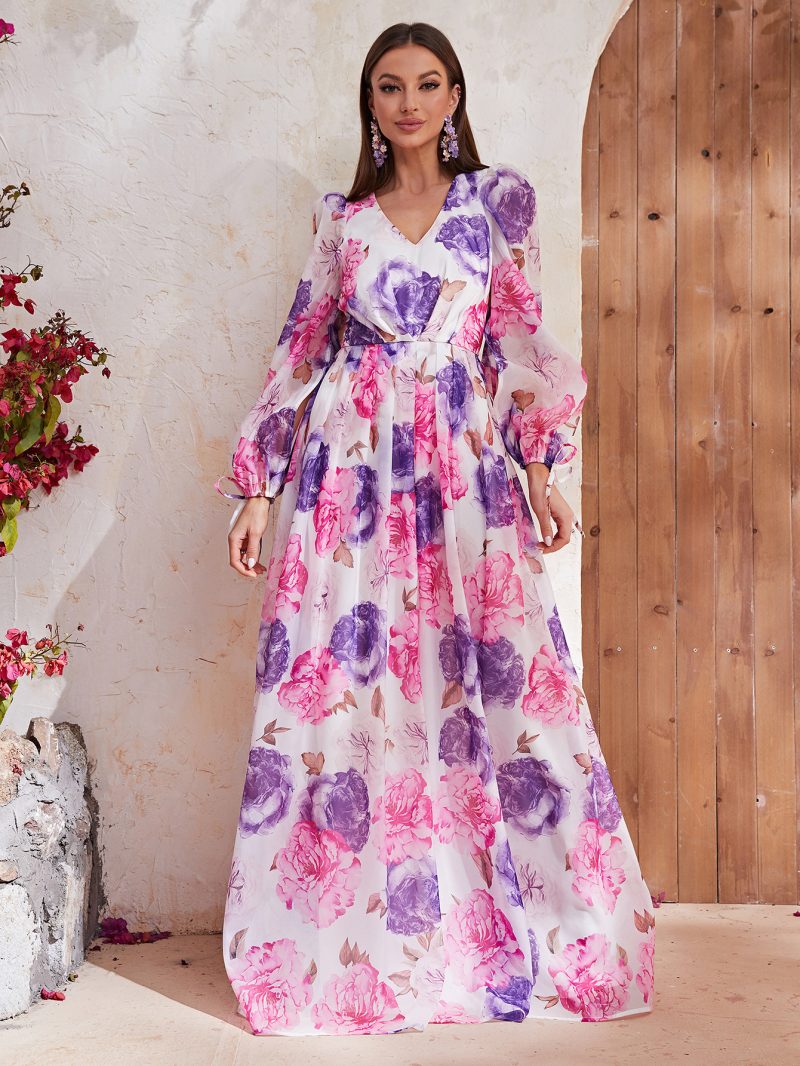 Printed Chiffon V-Neck Long Sleeve Dress - Image 3