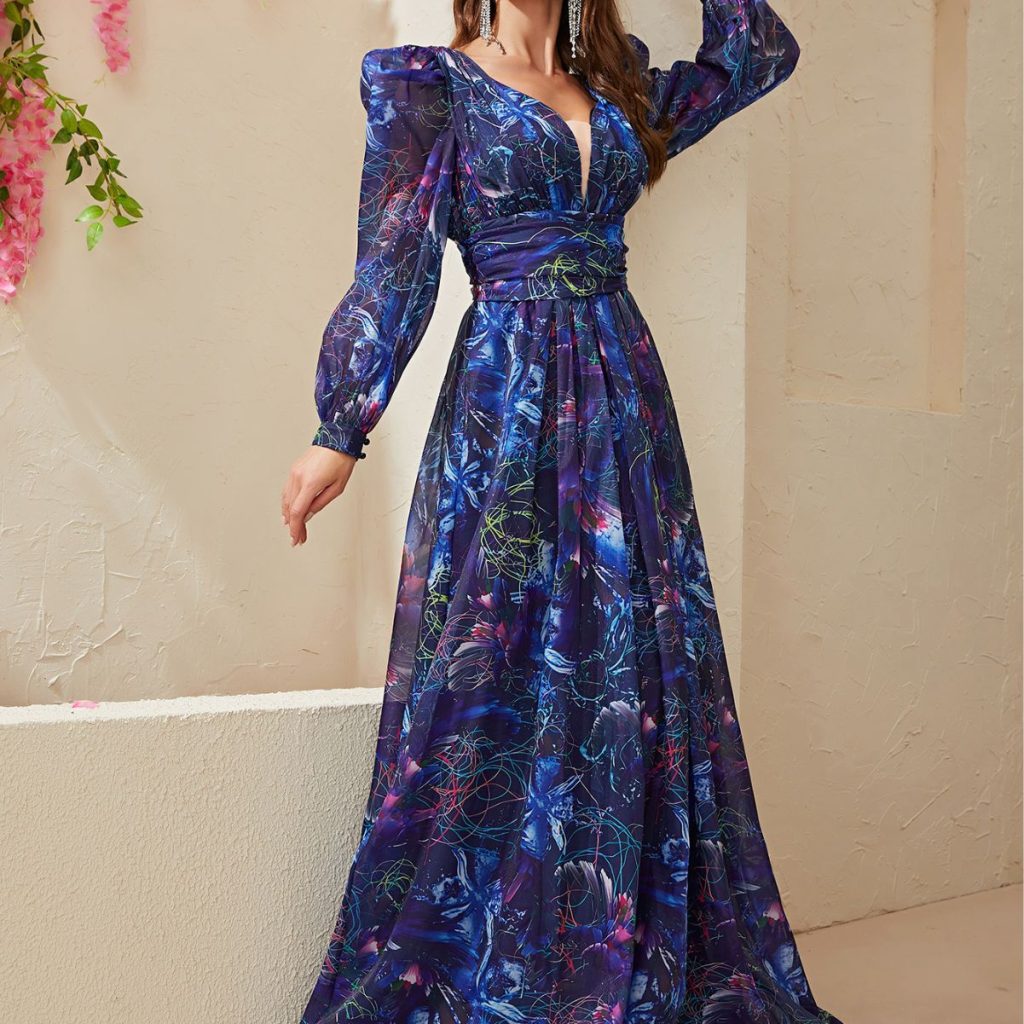 Dark Blue Chiffon Maxi Holiday Dress - Image 3