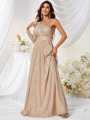 Sequined One-Sleeve Fishtail Evening Dress