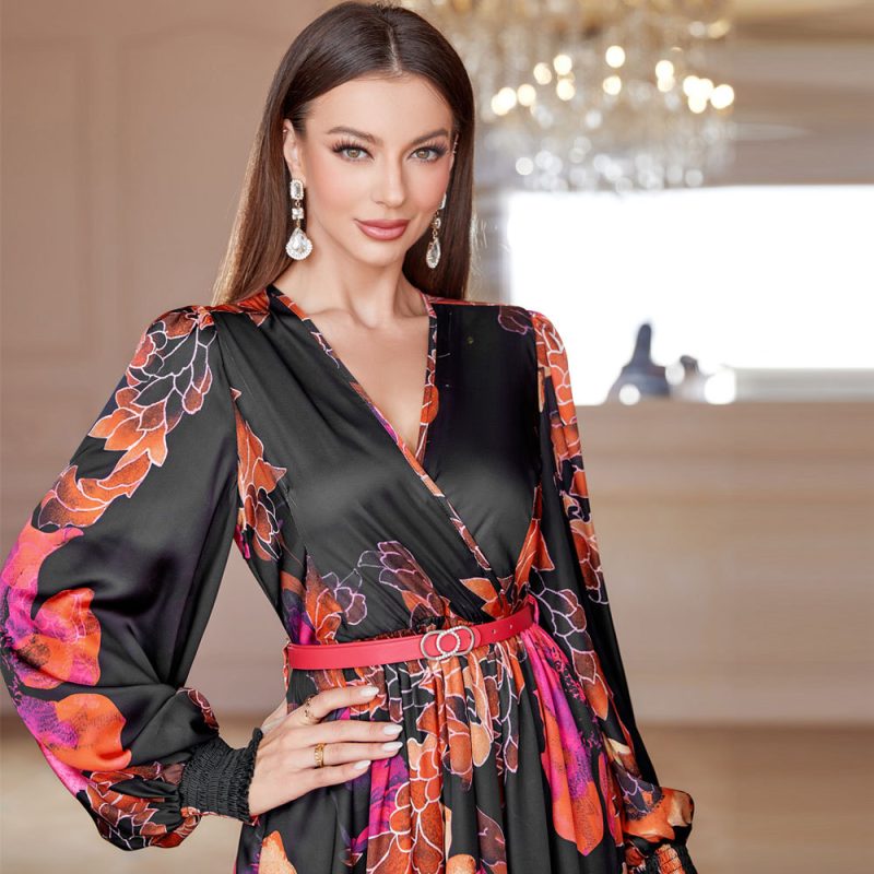 Fall V-neck French High Waist Swing Dress with Belt