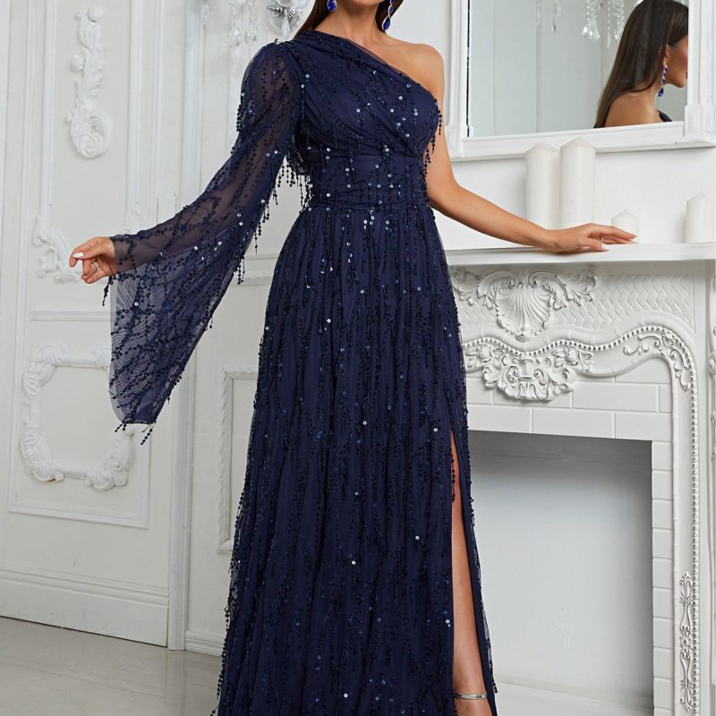 One-Sleeve Sequin Slit Dress - Image 4