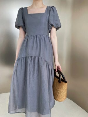 Square Collar Puff Sleeve Dress