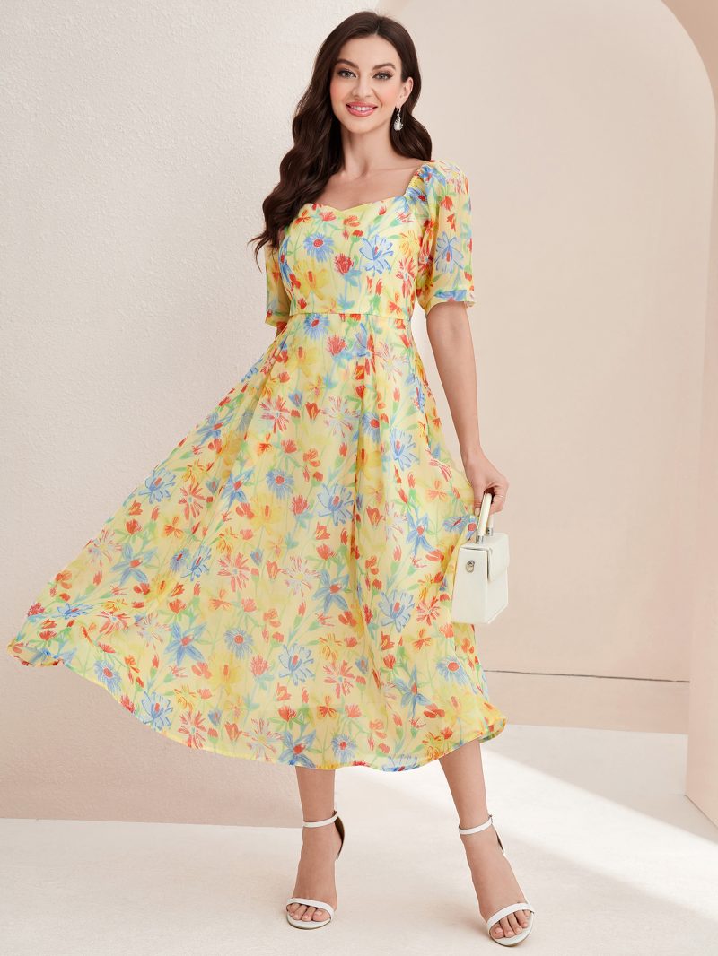 French Elegant Square Collar High Waist Summer Dress - Image 5