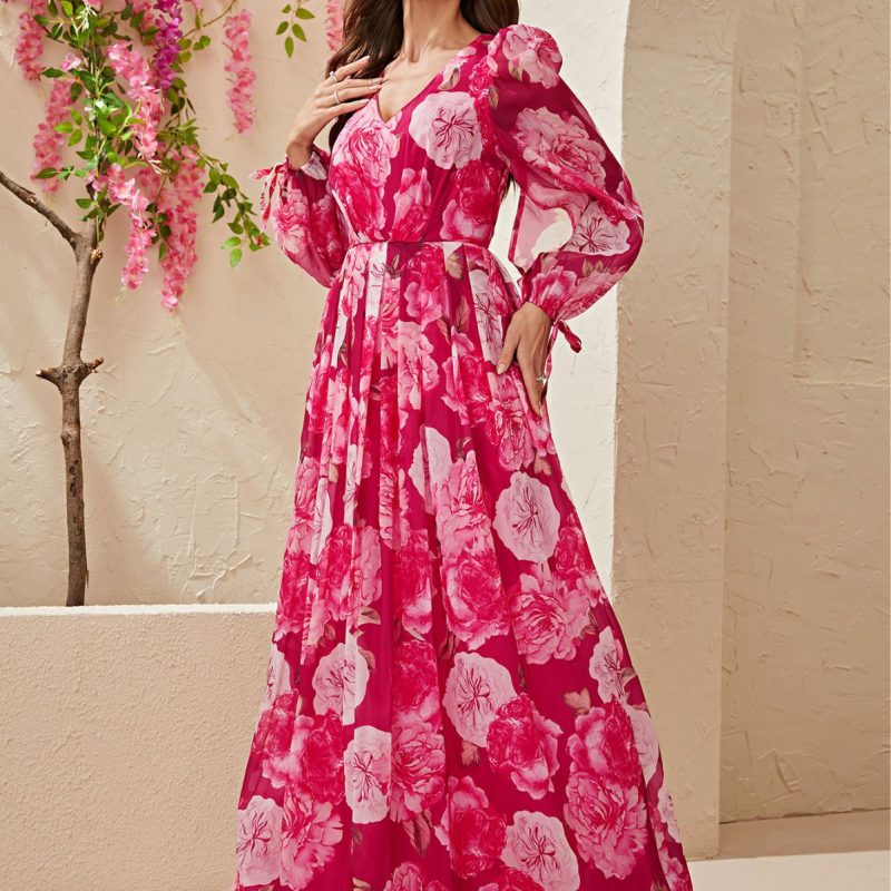 Printed Chiffon V-Neck Puff Sleeve Dress