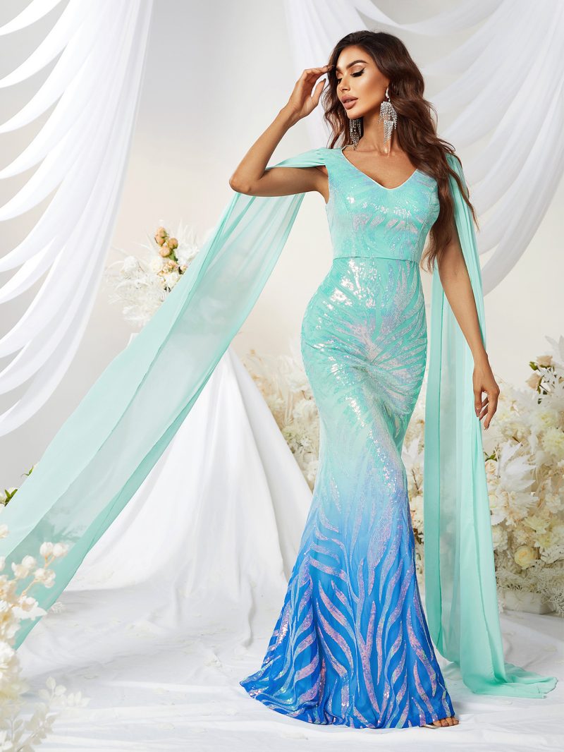 Sequined V-Neck Mermaid Evening Dress - Image 5