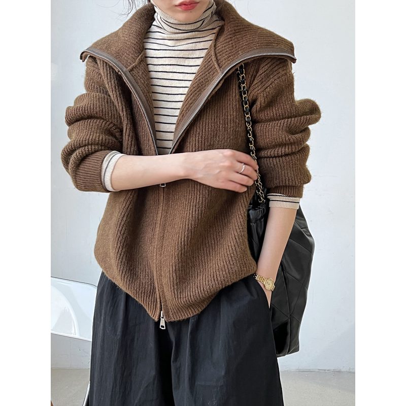 Lazy Double Zip Knit Cardigan | Collared Stand Collar - Image 3
