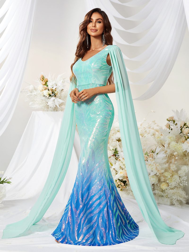 Sequined V-Neck Mermaid Evening Dress - Image 3