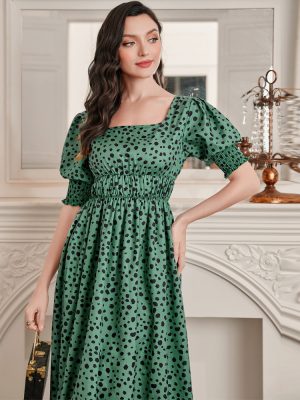 Fashionable Square Collar Puff Sleeve Dress: Elegant High Waist