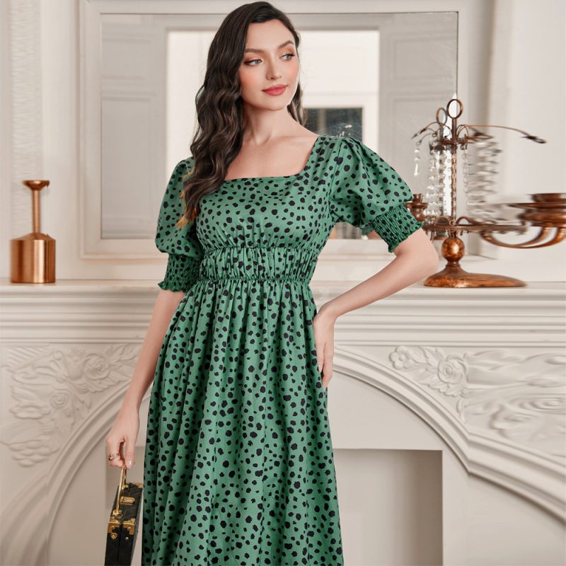 Fashionable Square Collar Puff Sleeve Dress: Elegant High Waist