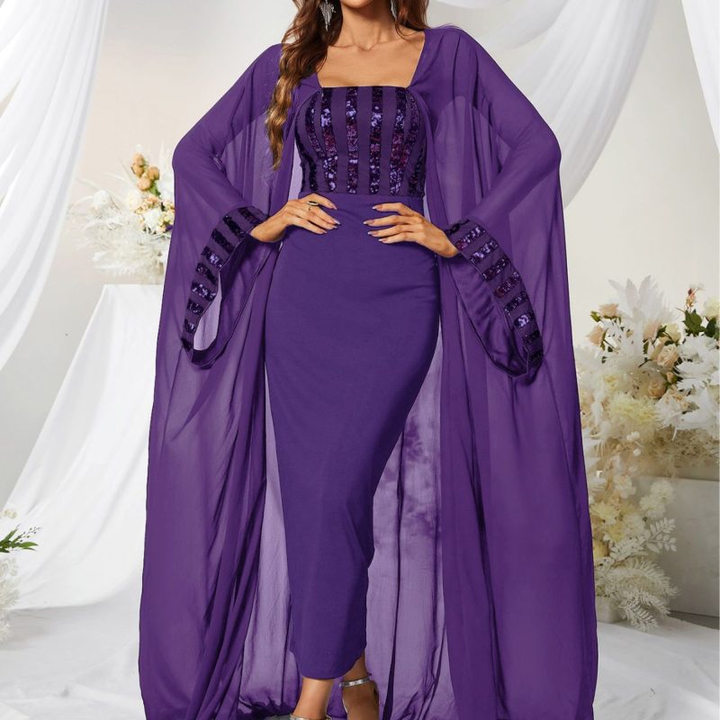 Elegant Chiffon Sequin Cloak Maxi Dress