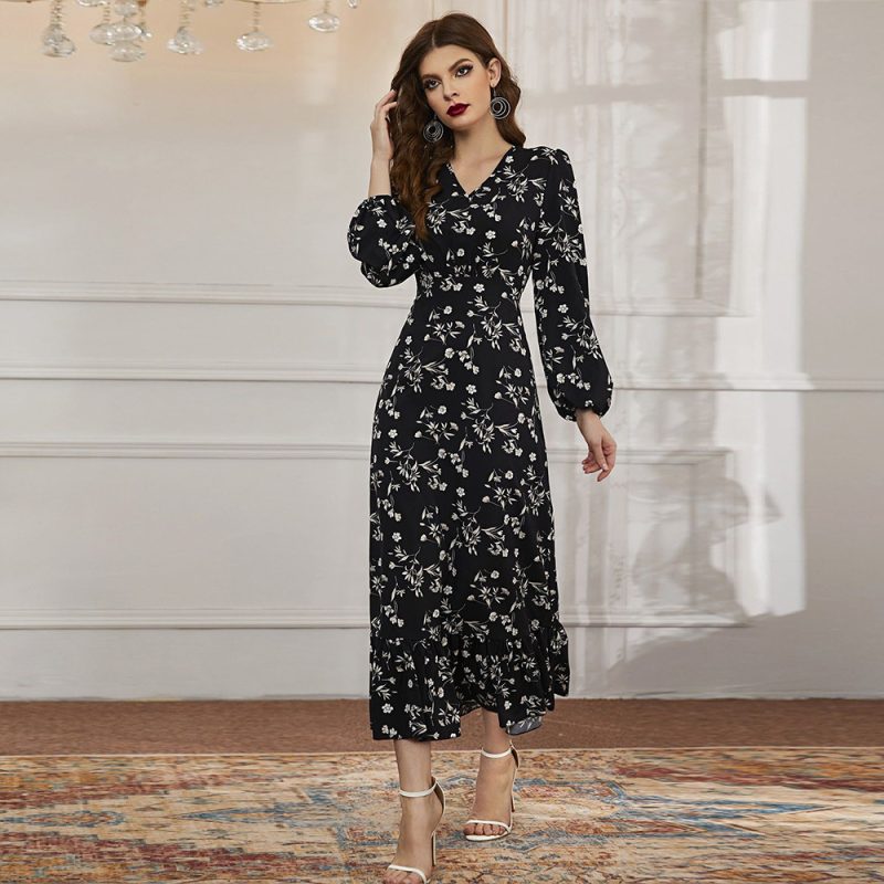 Fall Floral V-neck Maxi Dress: Women's Long Sleeve Elegance - Image 2