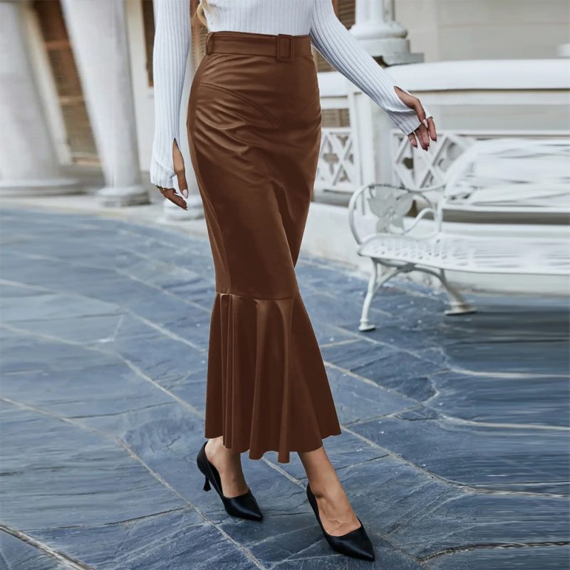 Faux Leather High Waist Fishtail Skirt - Image 2