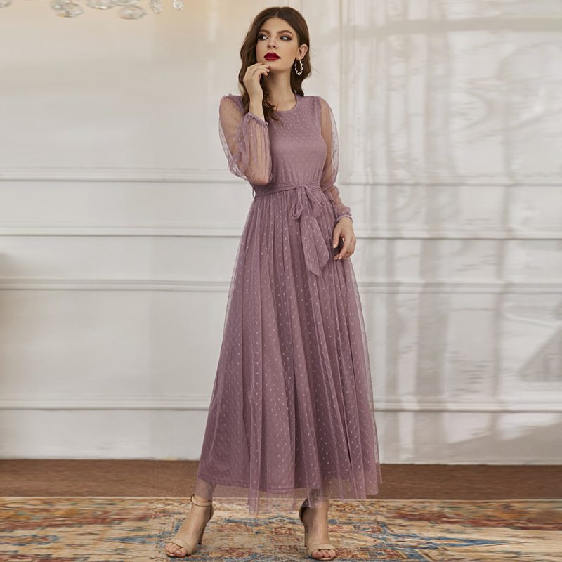 Gauze Round Collar Slim Fit Maxi Dress - Image 2