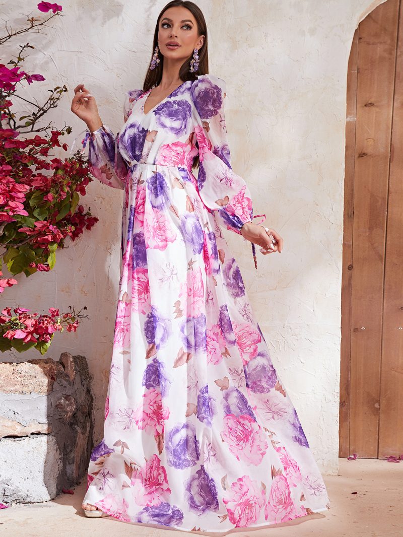 Printed Chiffon V-Neck Long Sleeve Dress - Image 4