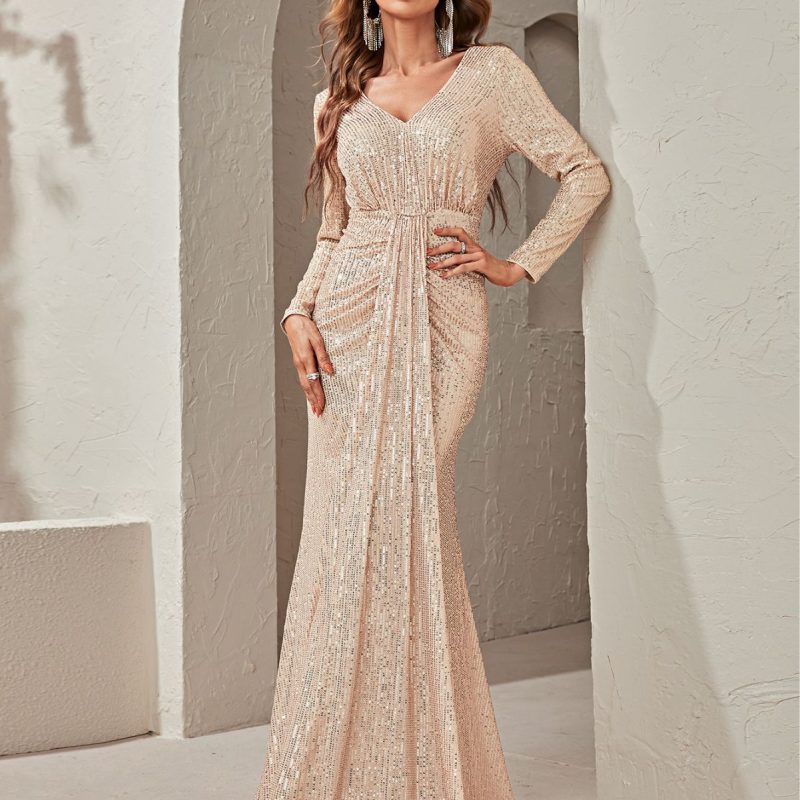 Sequined V-Neck Long Sleeve Evening Dress - Image 4