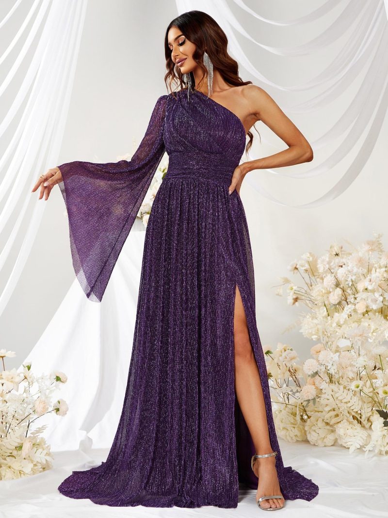 Oblique Shoulder Bright Silk Maxi Dress - Image 3