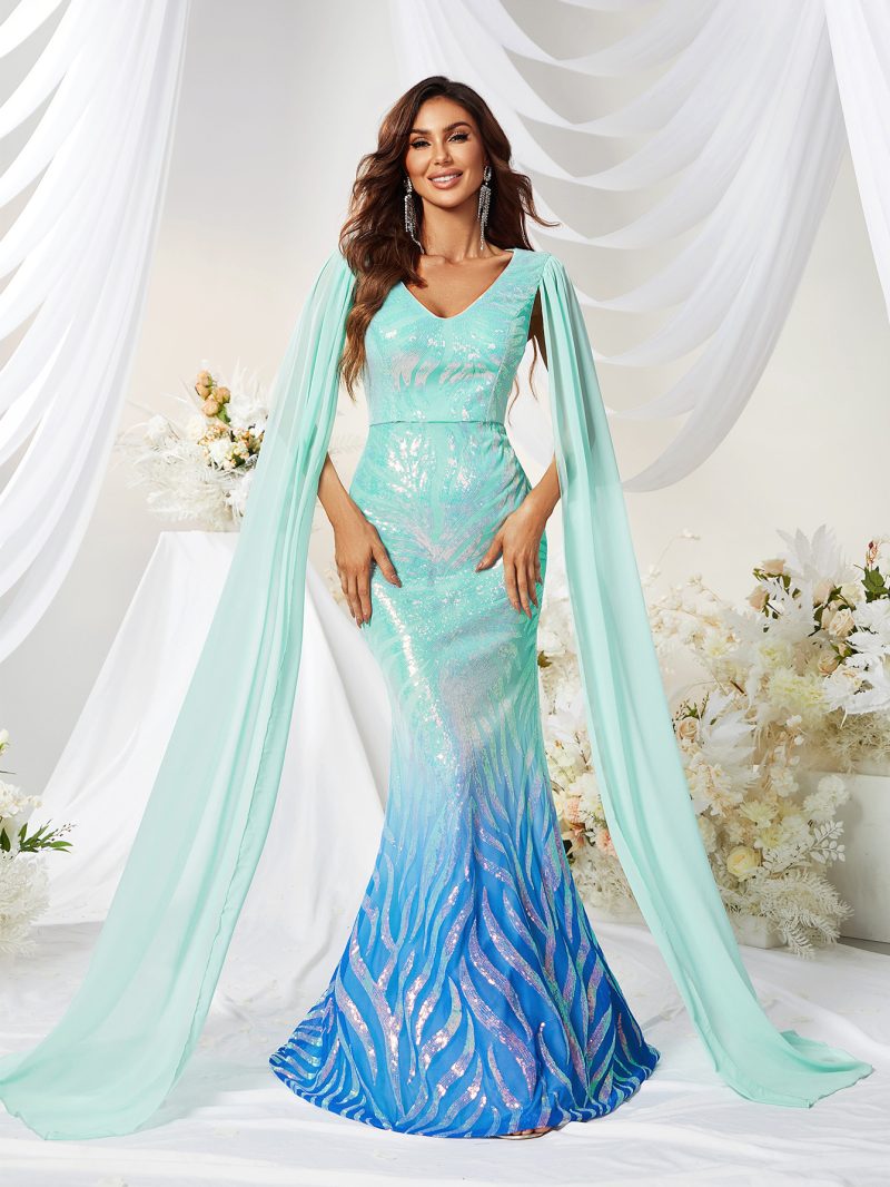 Sequined V-Neck Mermaid Evening Dress - Image 4