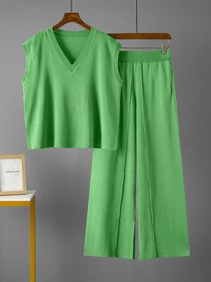 V-Neck Knit Vest with Wide Leg Pants