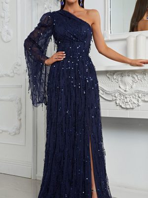 One-Sleeve Sequin Slit Dress