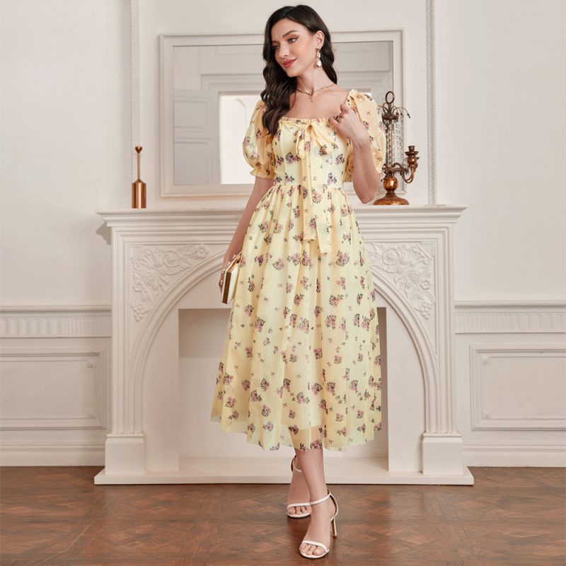 Mesh Square Collar Puff Sleeve Dress: Elegant High Waist - Image 3