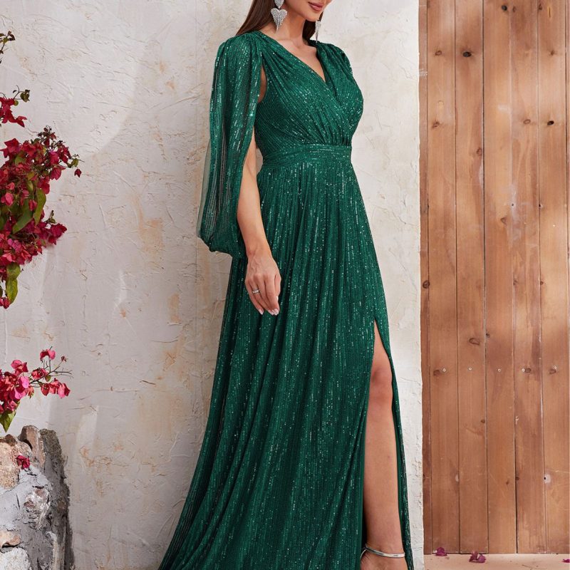 Sequin V-Neck Shawl Sleeve Maxi Dress - Image 4