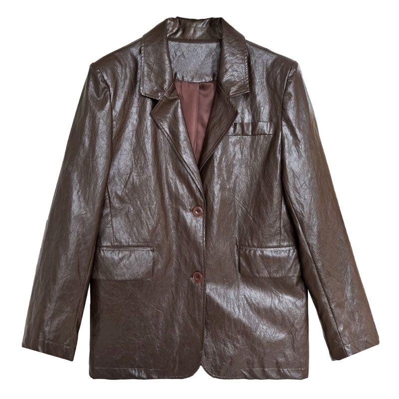 Autumn Retro Street Shiny Leather Blazer for Women - Image 5