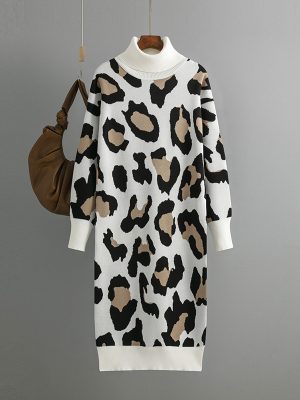 Leopard Print Turtleneck Maxi Dress