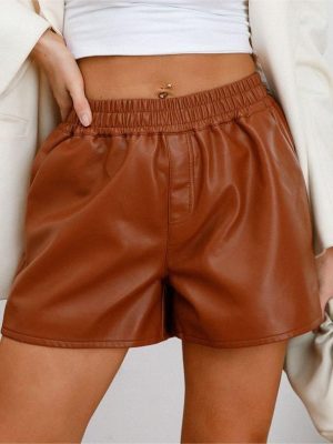 Simple Faux Leather Casual Loose Women’s Shorts