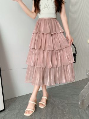 Flow Glossy Tiered Dress Mid-Length Skirt for Spring/Summer