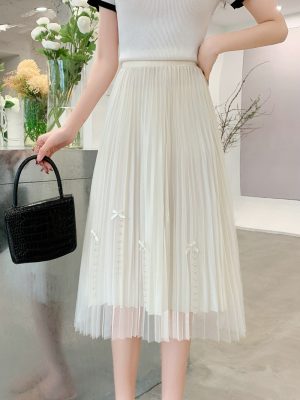 Beaded Bowknot Pleated Mid Skirt: Summer Chic