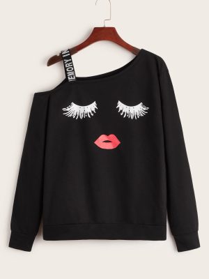 Lip Eyelash Print Off-Shoulder Sweater – Autumn/Winter