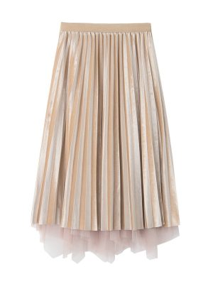 Irregular Asymmetric Mesh & Gold Velvet Pleated Skirt for Autumn/Winter