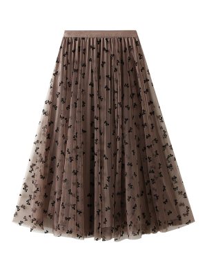 Slimming Pleated Gauze Skirt with Flocking Bow Deta