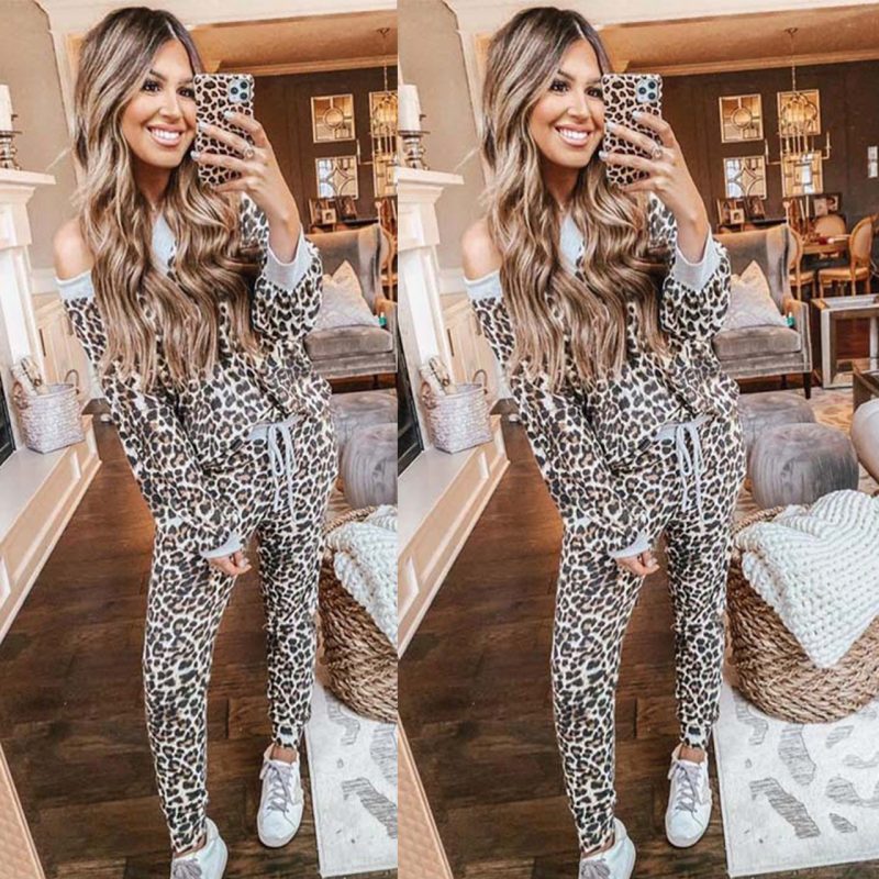 Leopard Print V-Neck Long Sleeve Suit - Image 4
